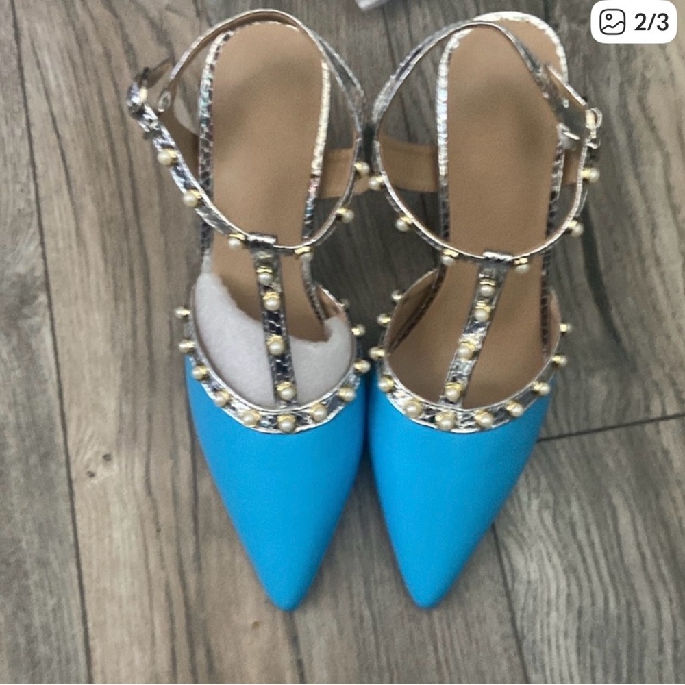 SHEIN Blue Pointed T-Strap Studded Heels